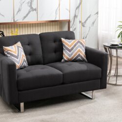 Victoria - Linen Fabric Loveseat With Metal Legs, Side Pockets, And Pillows - Dark Gray