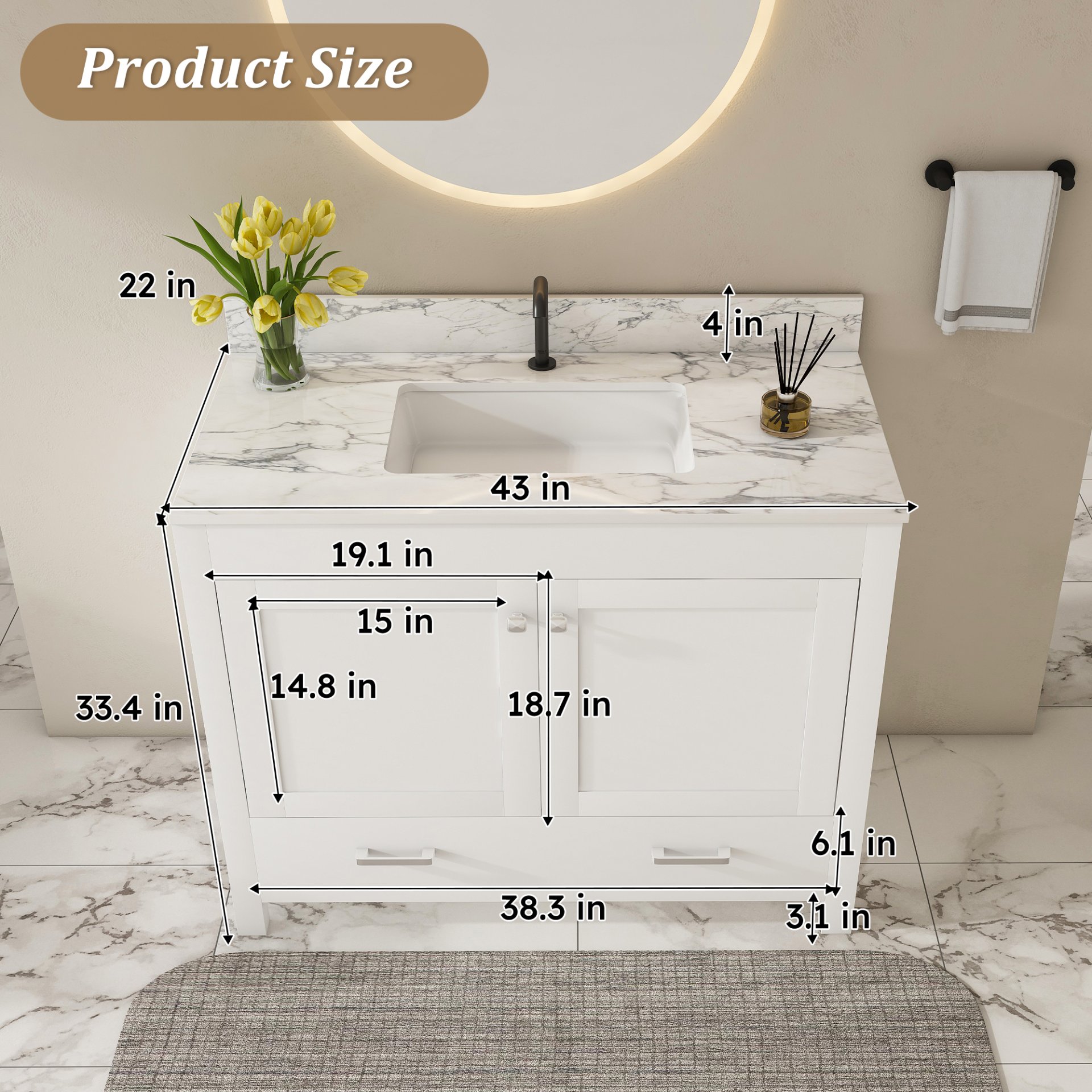 43" Bathroom Vanity, Multi Functional Cabinet - White - Image 6