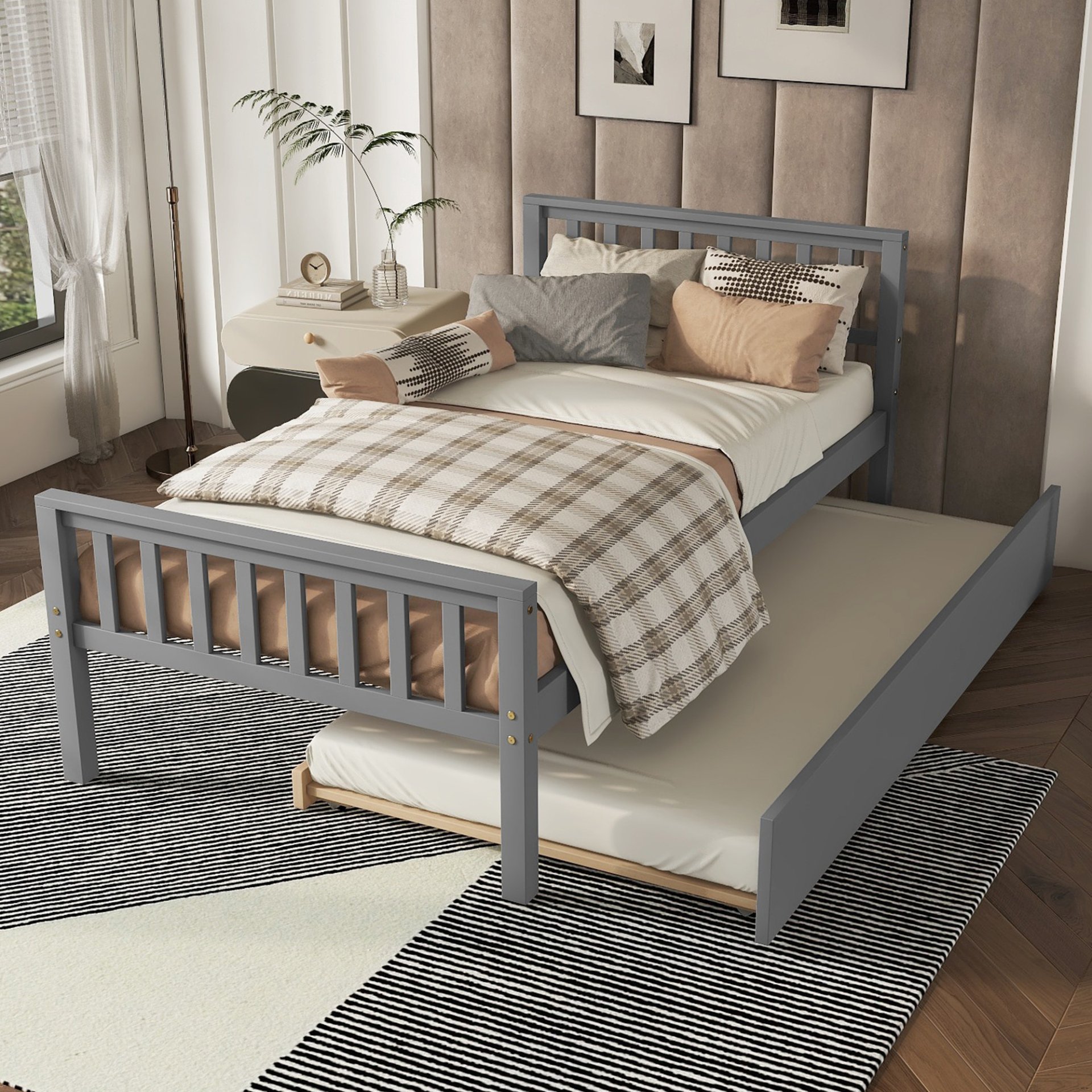 Twin Bed With Trundle, Platform Bed Frame With Headboard And Footboard, For Bedroom Small Living Space, No Box Spring Needed - Gray - Image 2