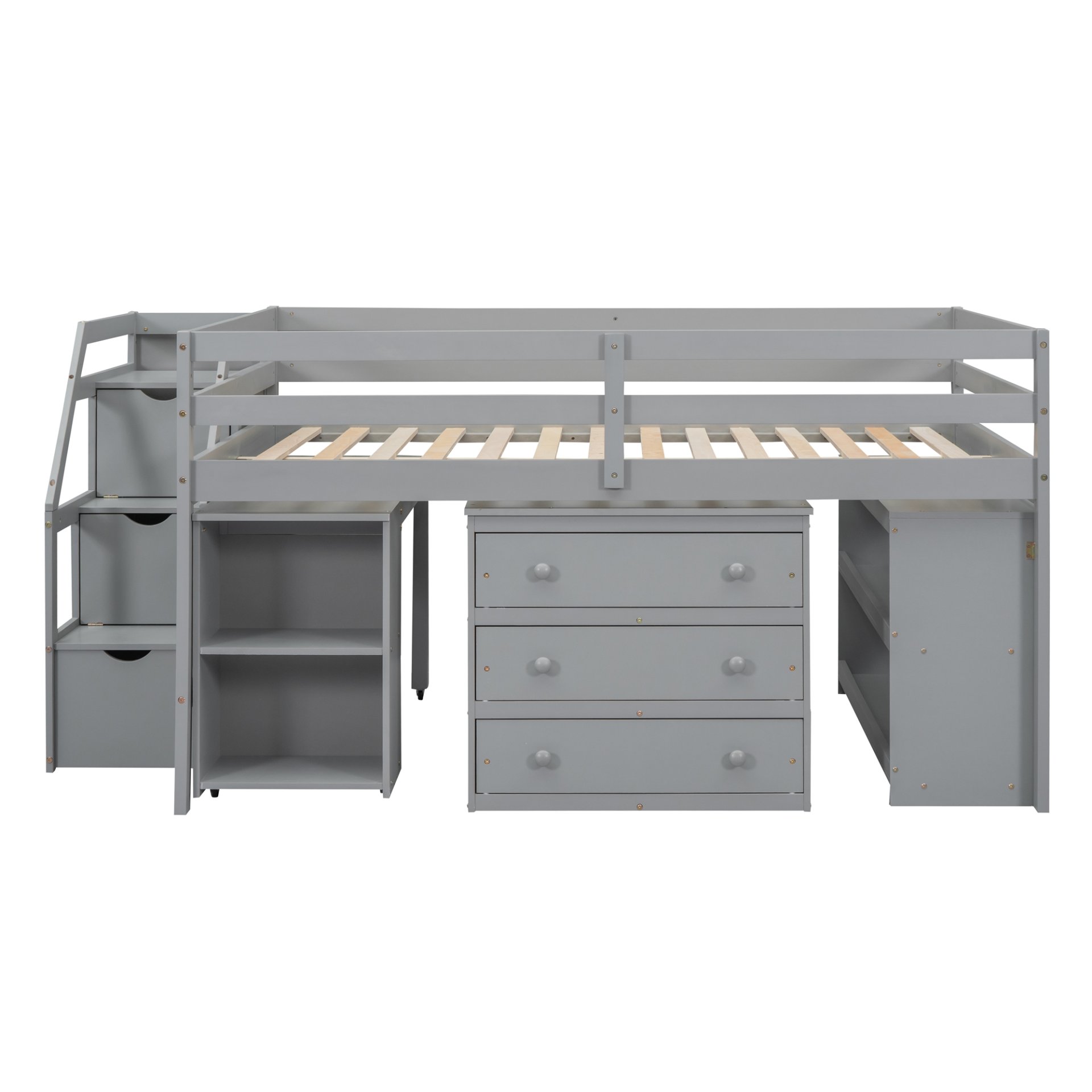 Full Size Loft Bed With Retractable Writing Desk And 3 Drawers With Storage Stairs And Shelves - Gray - Image 3
