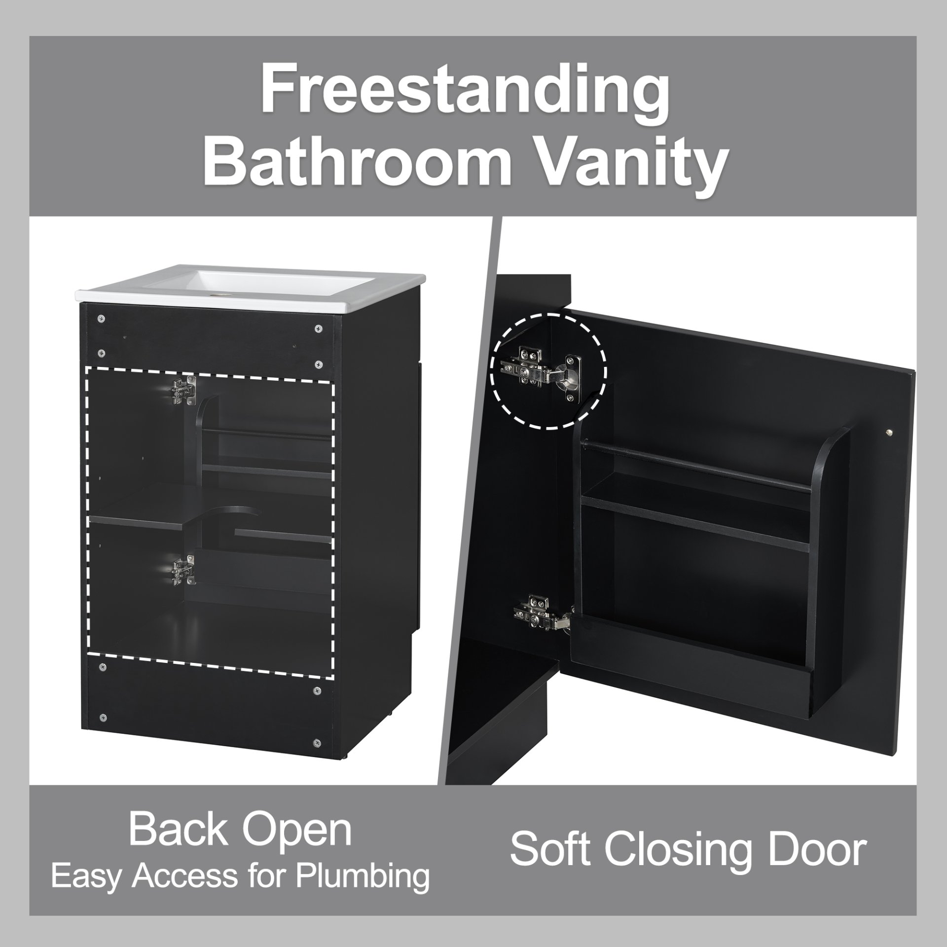 20" Bathroom Vanity With Sink, Freestanding Cabinet With Door Shelf And Adjustable Shelf, And Ceramic Construction - Black - Image 8