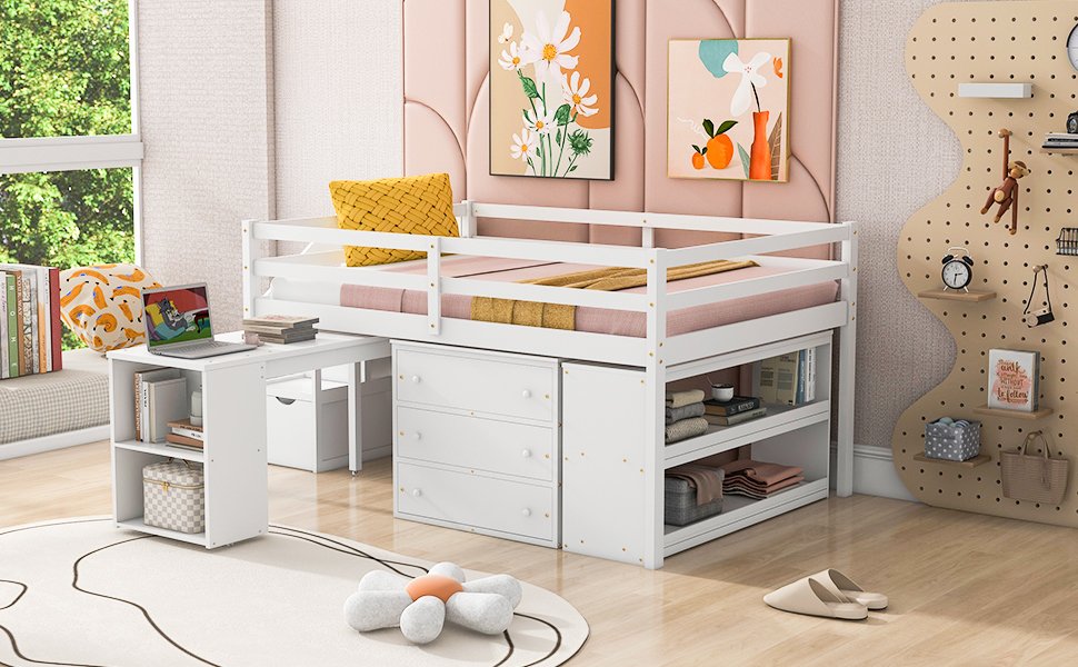 Full Size Loft Bed With Retractable Writing Desk And 3 Drawers With Storage Stairs And Shelves - White - Image 20