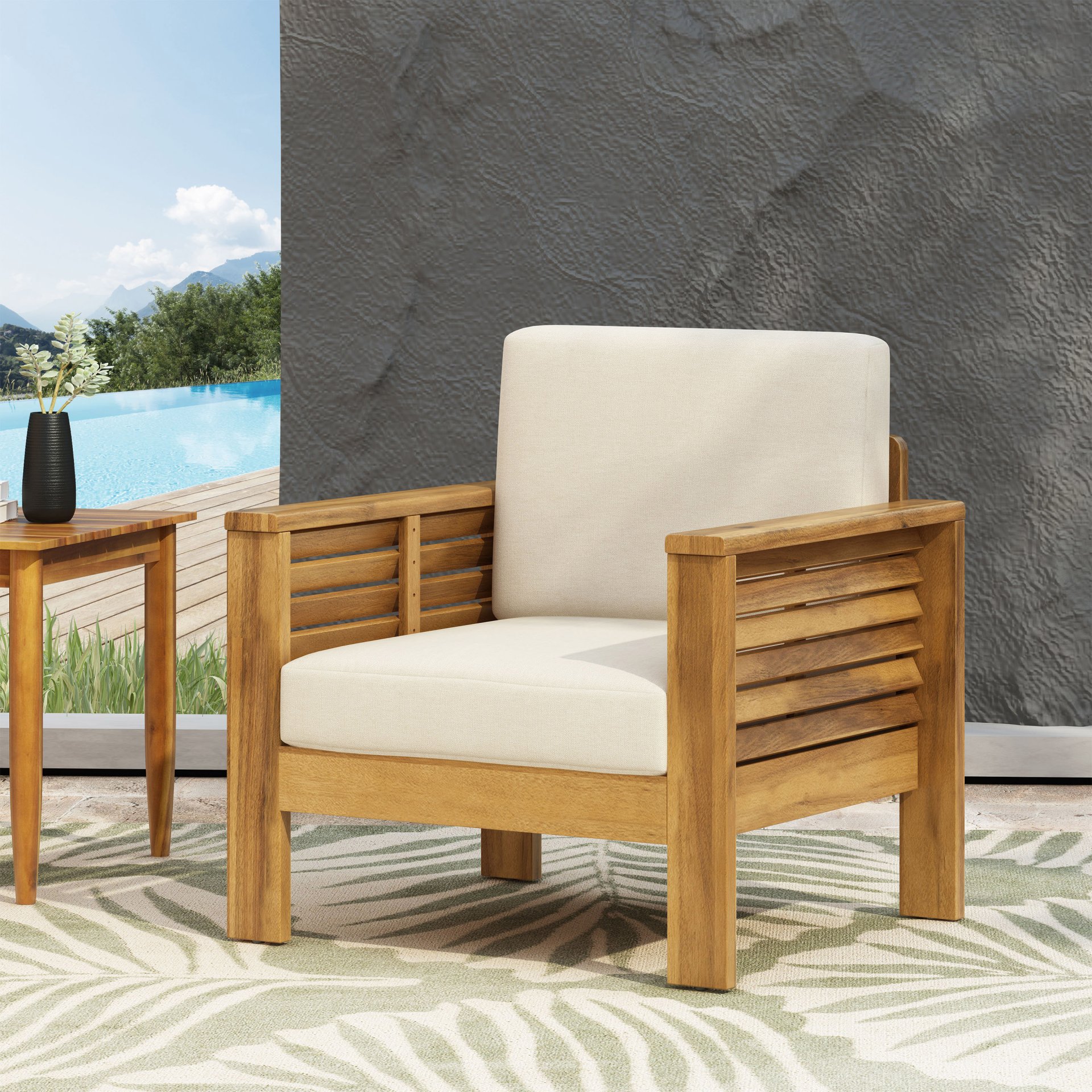 Outdoor Acacia Wood Club Chairs With Cushions - Teak / Beige - Image 5
