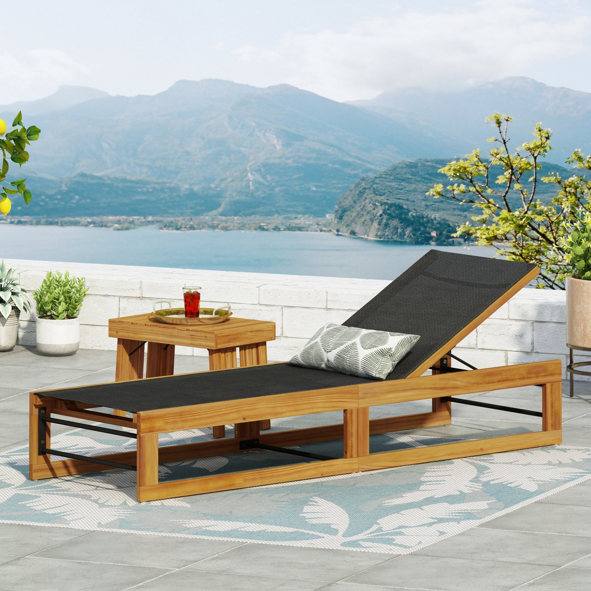 Outdoor Chaise Lounge With Acacia Wood Frame And Mesh Seat - Teak - Image 10