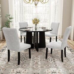 5 Piece Round Dining Table Set, Modern Dining Table And 4 Upholstered Chairs For Dining Room, Kitchen Room, Living Room - Beige / Black