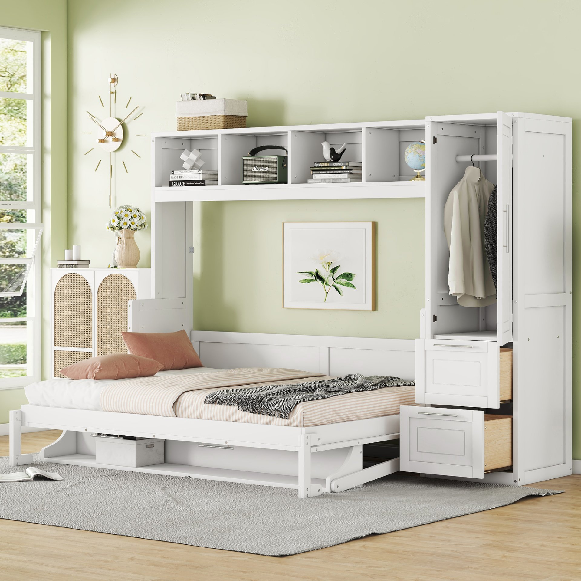 Full Size Murphy Wall Bed With Closet And Drawers - White - Image 2