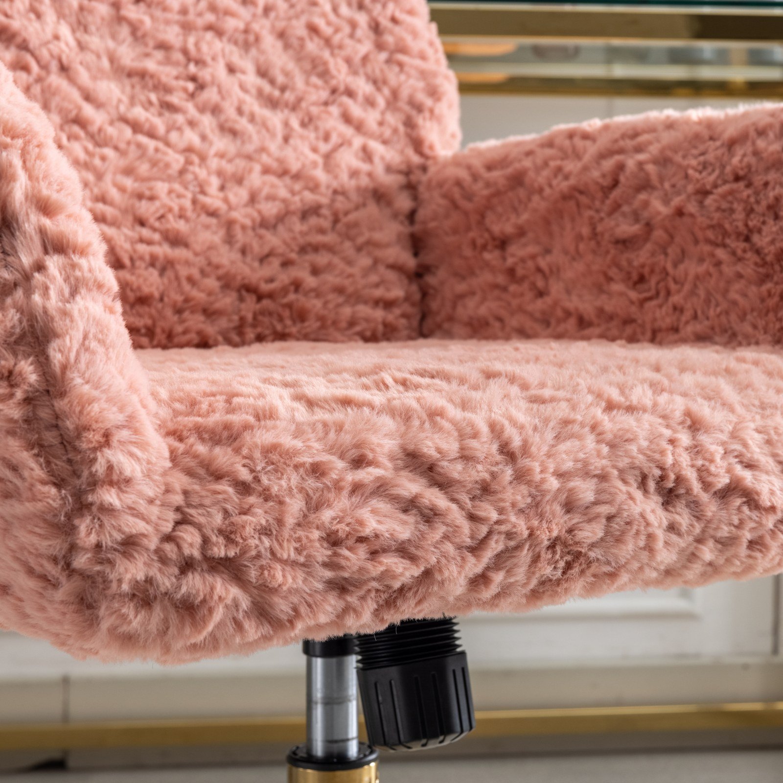 Office Chair, Artificial Rabbit Hair Home Office Chair With Golden Metal Base, Adjustable Desk Chair Swivel Office Chair, Vanity Chair - Pink - Image 11