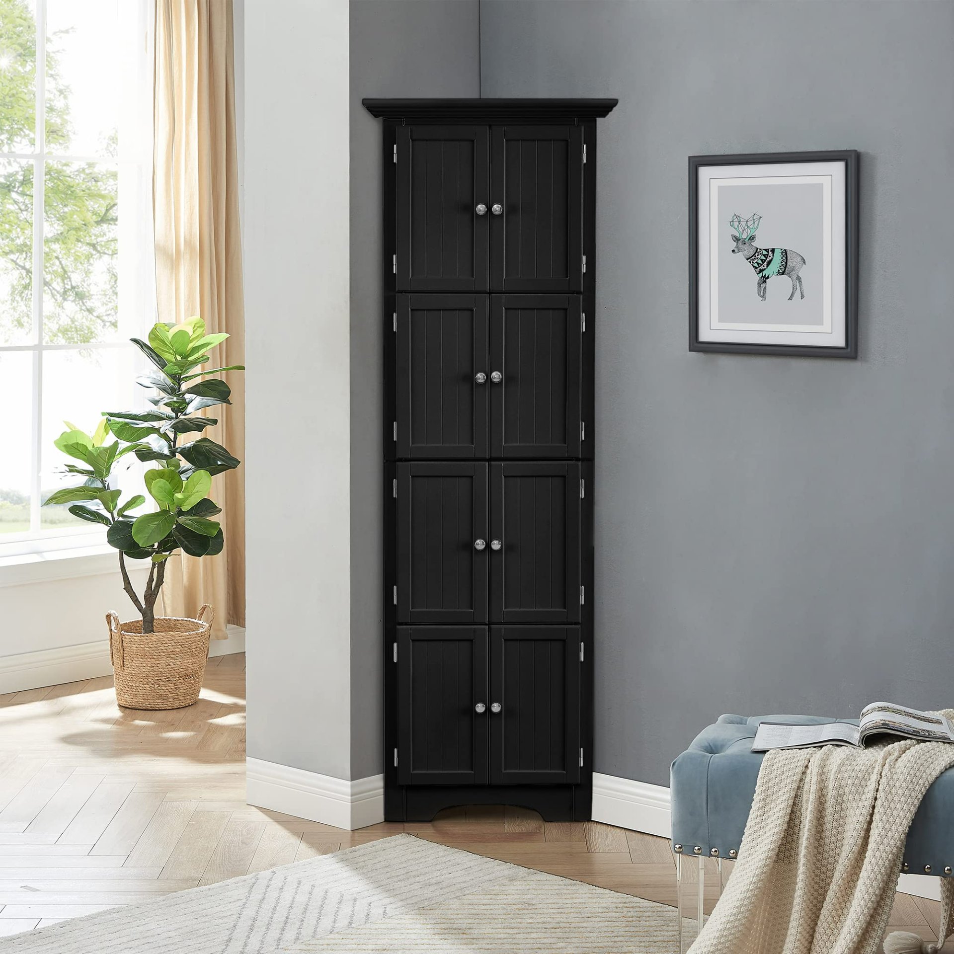 Tall Storage Cabinet With Doors And 4 Shelves For Living Room, Kitchen, Office, Bedroom, Bathroom, Modern - Black - Image 4