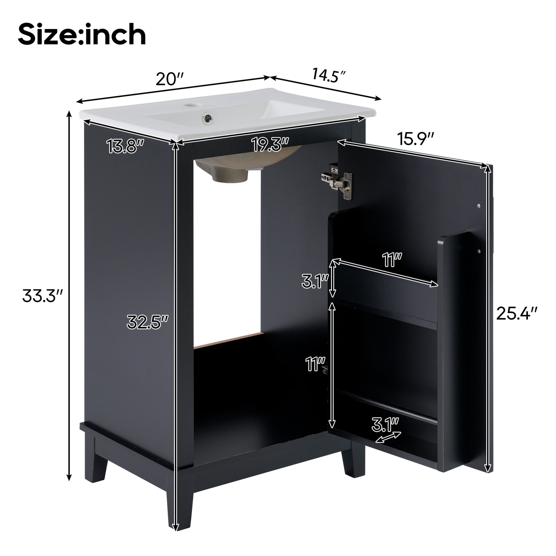 Modern Small Bathroom Vanity Cabinet With Ceramic Basin, Ample Storage, 1 Soft Close Door - Black - Image 4