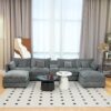 U Shaped Sectional Cloud Couch For Living Room, Fluffy Modular Sofa With Movable Ottoman 6 Seat Sectional Sofa Set With Console, Cup Holders - Gray - Image 2