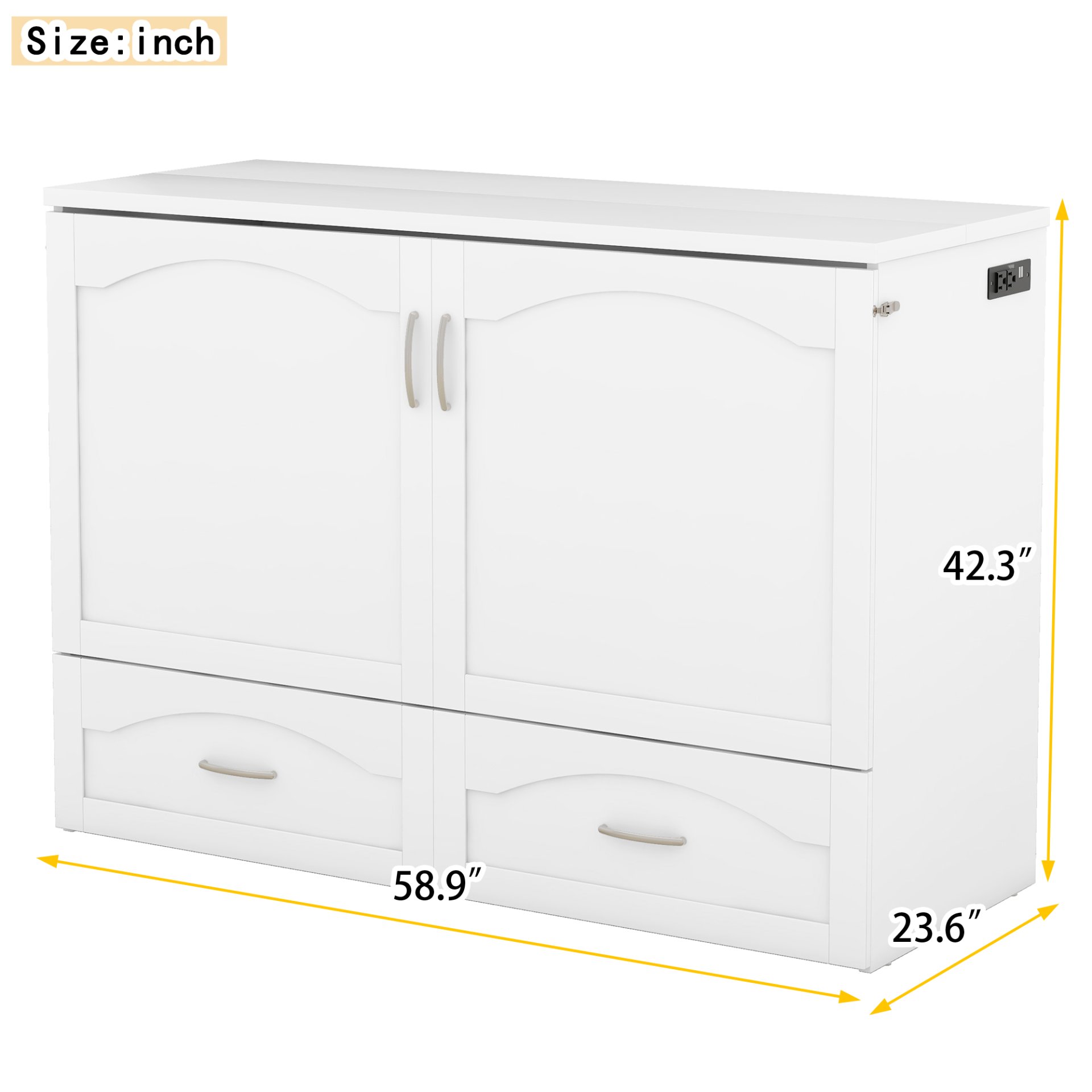 Full Size Murphy Wall Bed With Drawer And A Set Of Sockets & USB Ports, Pulley Structure Design - White - Image 9
