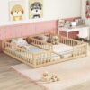 Double Twin Floor Bed With Fence, Guardrails, Without Door - Natural - Image 2