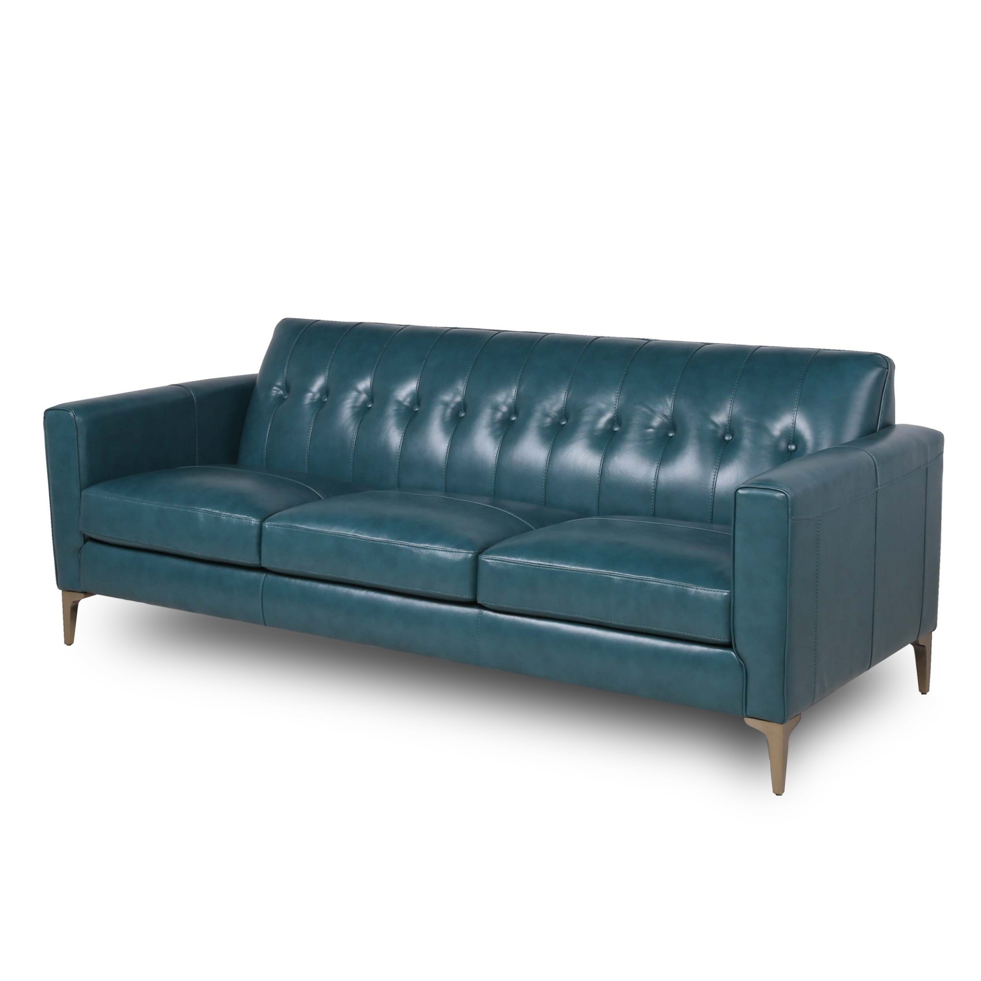 Mid-Century Tufted Leather Sofa - Turquoise - Image 3