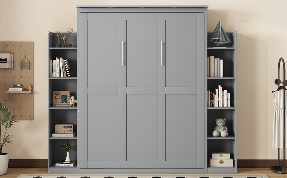 Queen Size Murphy Wall Bed With Shelves And LED Lights - Gray - Image 20