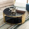 Modern Double Layer Tempered Glass Top Stainless Steel Round Coffee Table For Living Room - Black / Gold - Image 4