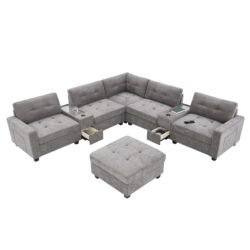 Sectional With Acrylic Table Top U Shaped Couch Set With 2 Consoles USB Charger, Storage Drawers And Pockets Movable Ottoman Tufted Sofa - Gray