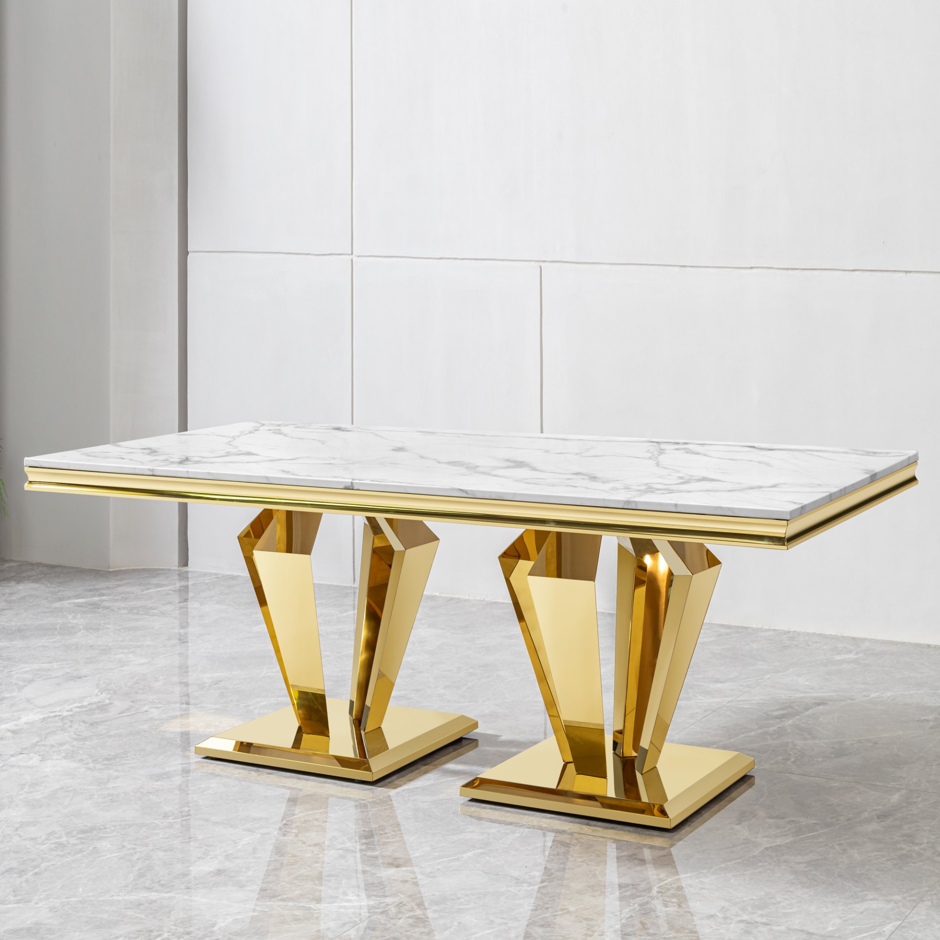 79.53 In. Elegant Marble Pattern Dining Table For 6 Or 8 Seats Polished Stainless Steel Base - Gold - Image 2