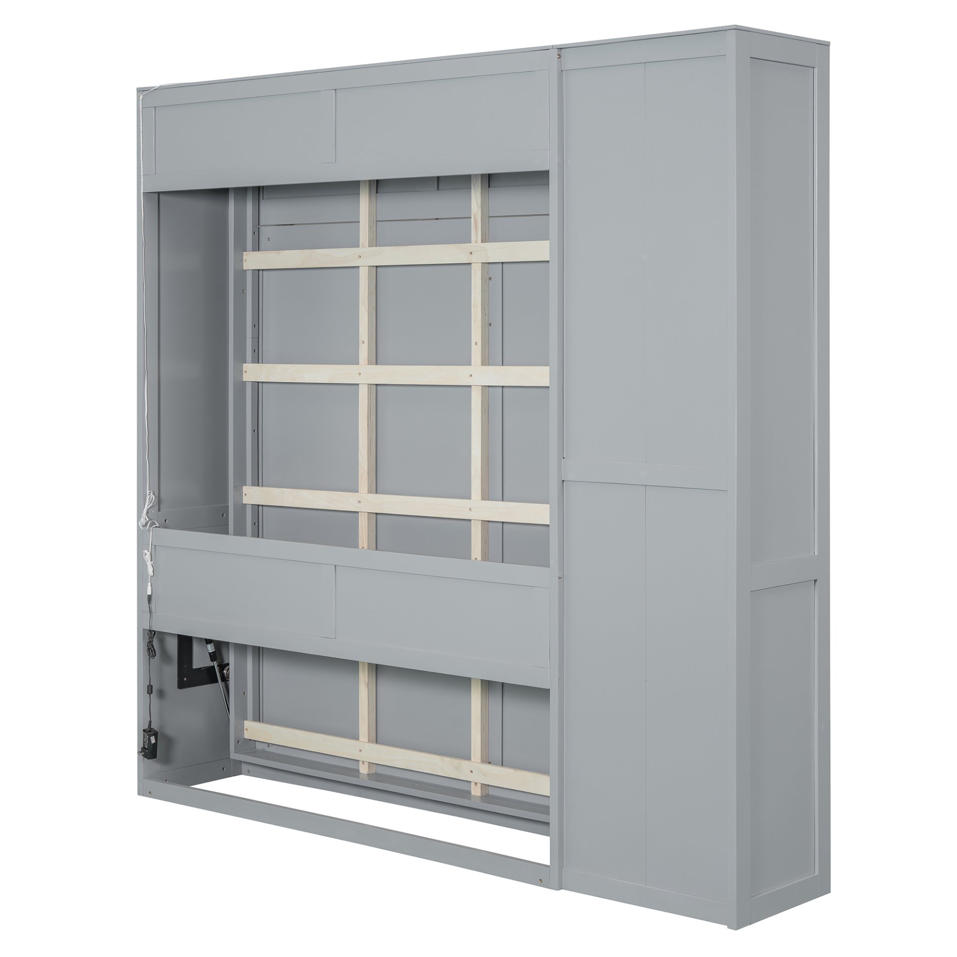 Full Size Murphy Wall Bed With Shelves, Wardrobe And LED Lights - Gray - Image 10