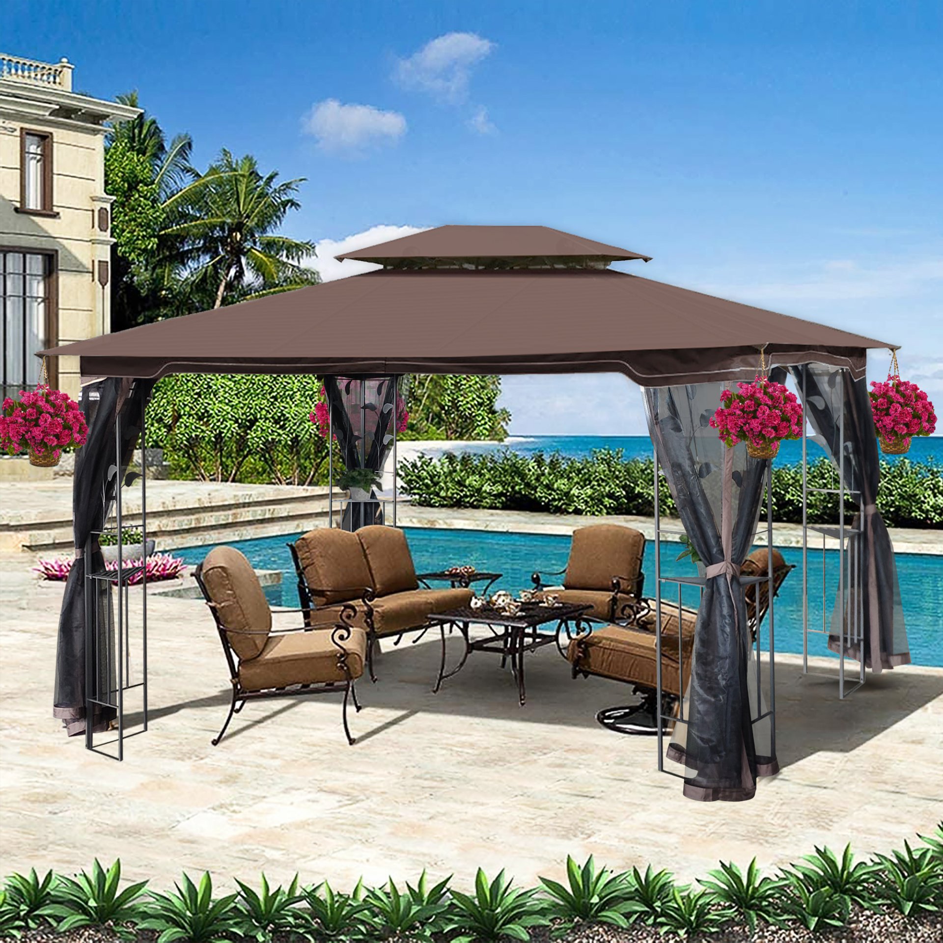 13 X 10 Ft Patio Gazebo Tent With Ventilated Double Roof And Mosquito Net - Brown - Image 5