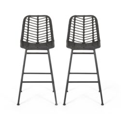 Sawtelle - Outdoor Wicker Barstools (Set of 2) With Faux Rattan And Iron Frame - Gray / Black