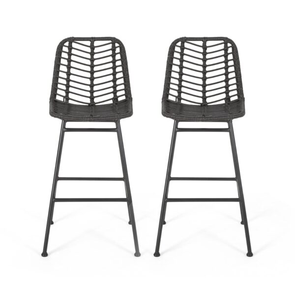Sawtelle - Outdoor Wicker Barstools (Set of 2) With Faux Rattan And Iron Frame - Gray / Black