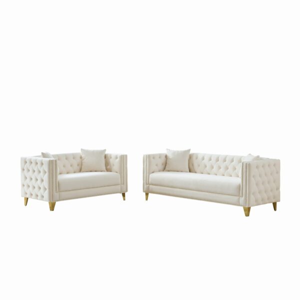 3 And 2 Seater Deep Seat Sofa With Button Nailhead, Square Arm Couches, Furniture For Living Room - Beige