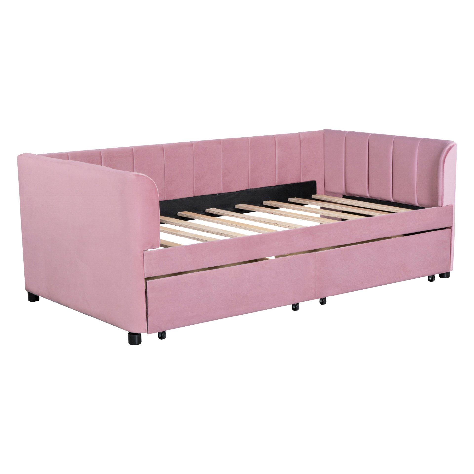 Twin Size Upholstered Daybed With Ergonomic Design Backrest And 2 Drawers - Pink - Image 5