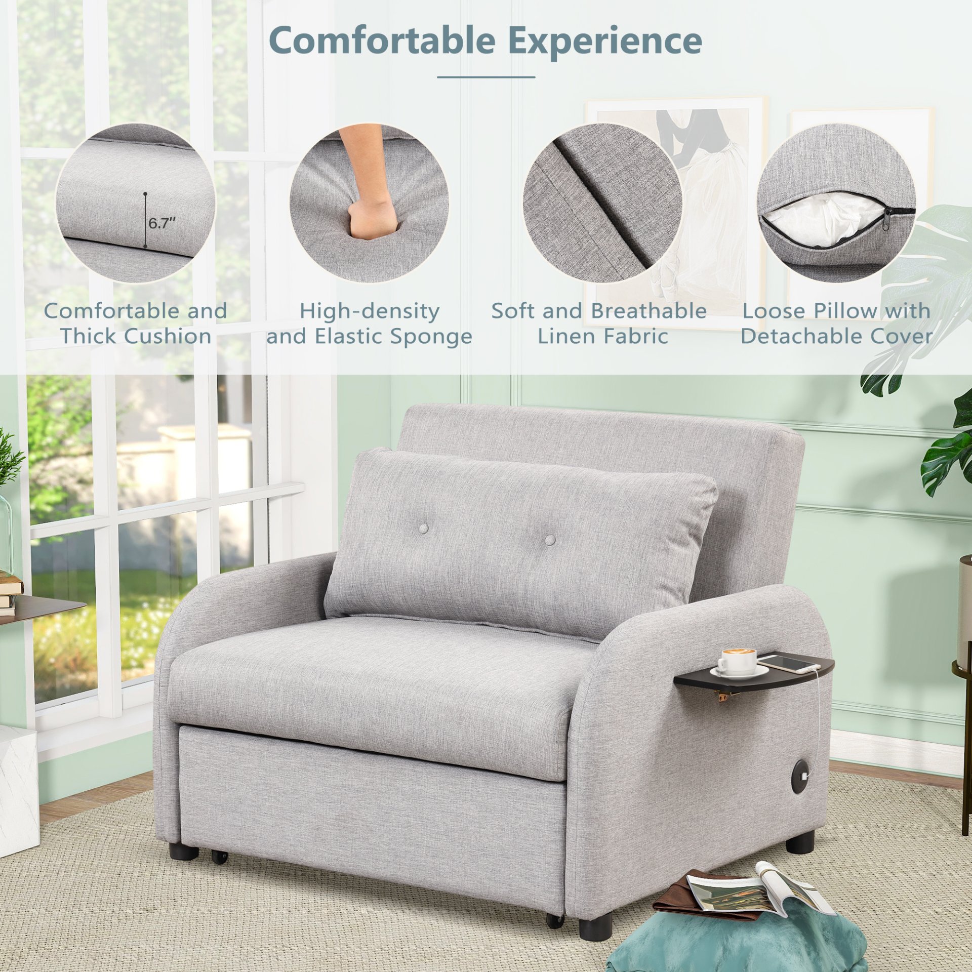 3 In 1 Pull Out Sofa Sleeper With Wing Table And USB Charge - Gray - Image 8