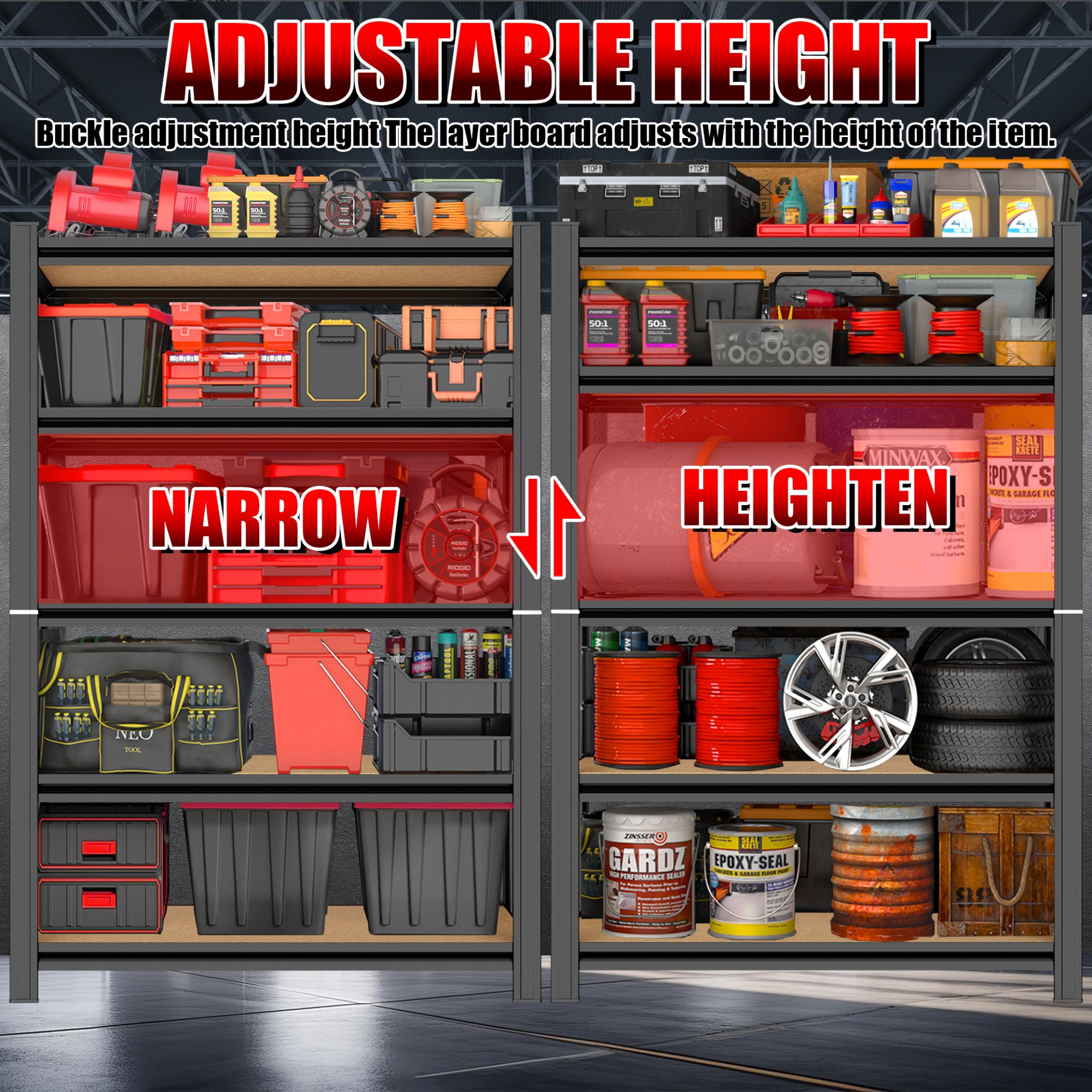 5 Tier Storage Rack, Adjustable Height Shelving, Warehouse Supermarket Basement Storage - Black - Image 6