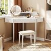 Modern Corner Makeup Vanity Desk With Large Storage, LED Mirror & Stool, Adjustable Brightness, Space Saving - White - Image 17