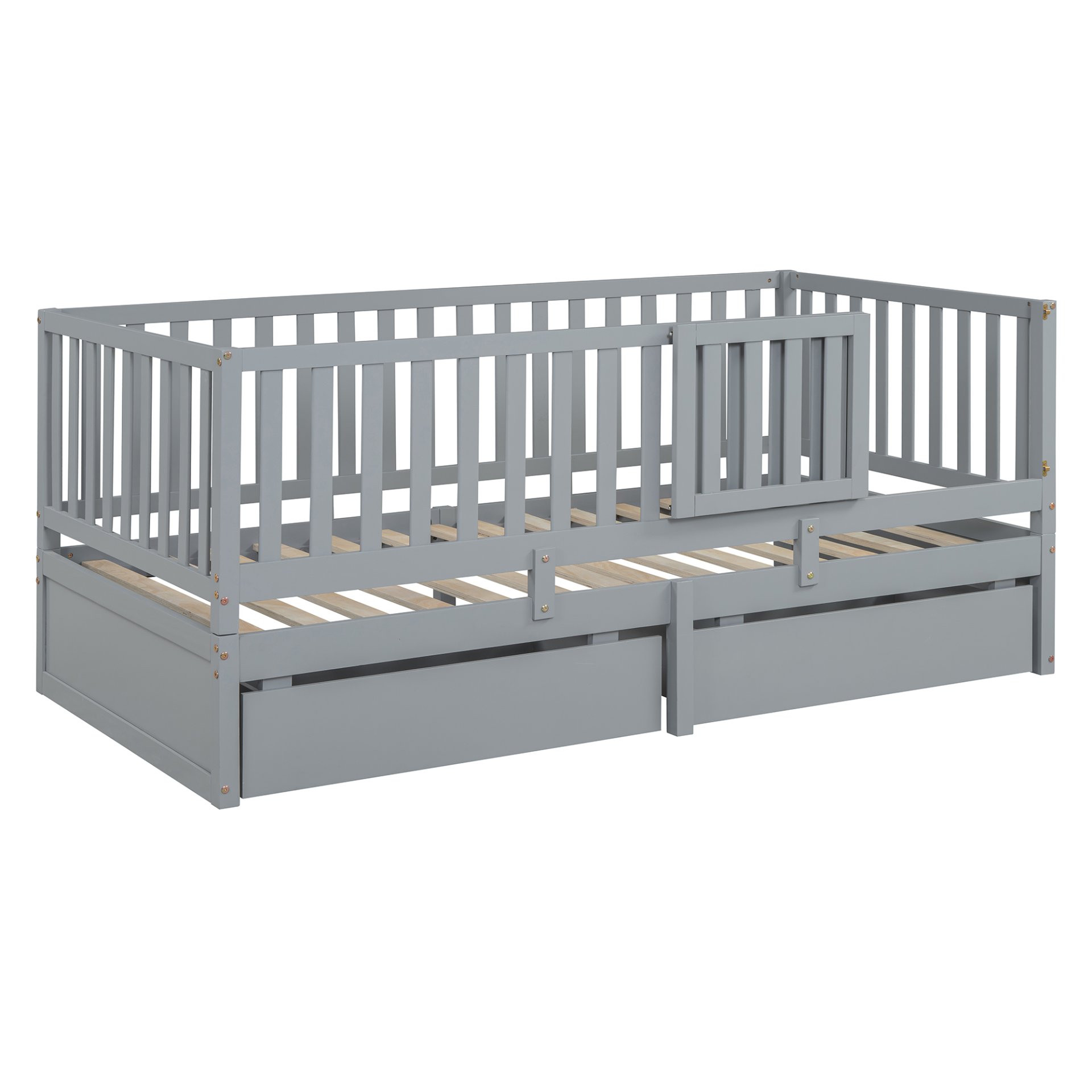 Twin Size Daybed With Fence Guardrails And 2 Drawers, Split Into Independent Floor Bed & Daybed - Gray - Image 17
