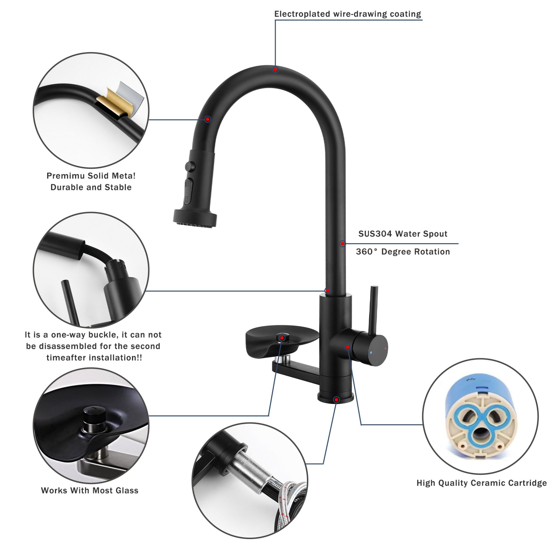 3 In 1 Kitchen Faucet With Press Type Glass Rinser, High Arc Pull Down Sprayer, 3 Function Spray Mode - Matte Black - Image 6