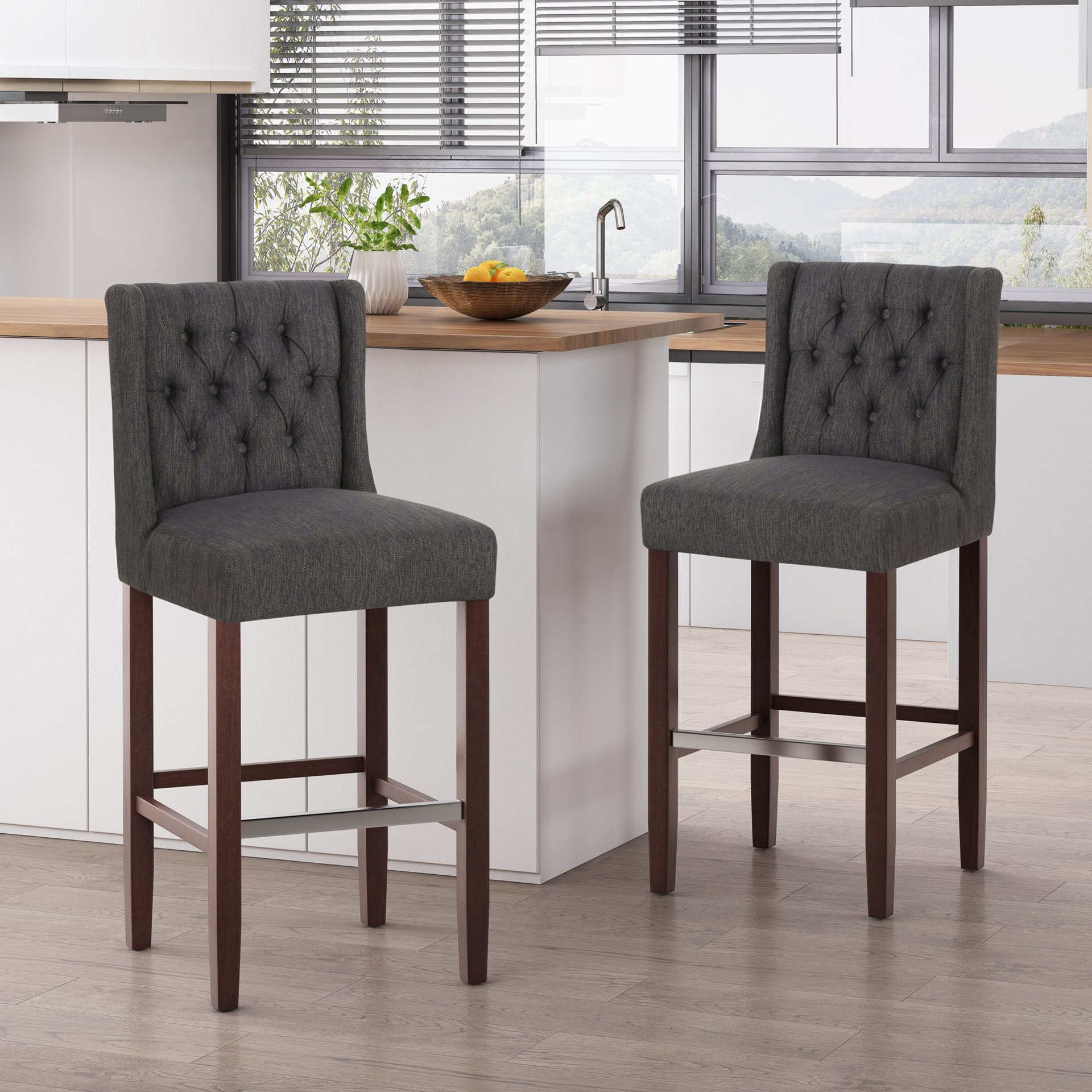 Solstara - Upholstered Fabric Dining Barstool With Button Tufted And Wing Back - Charcoal - Image 2