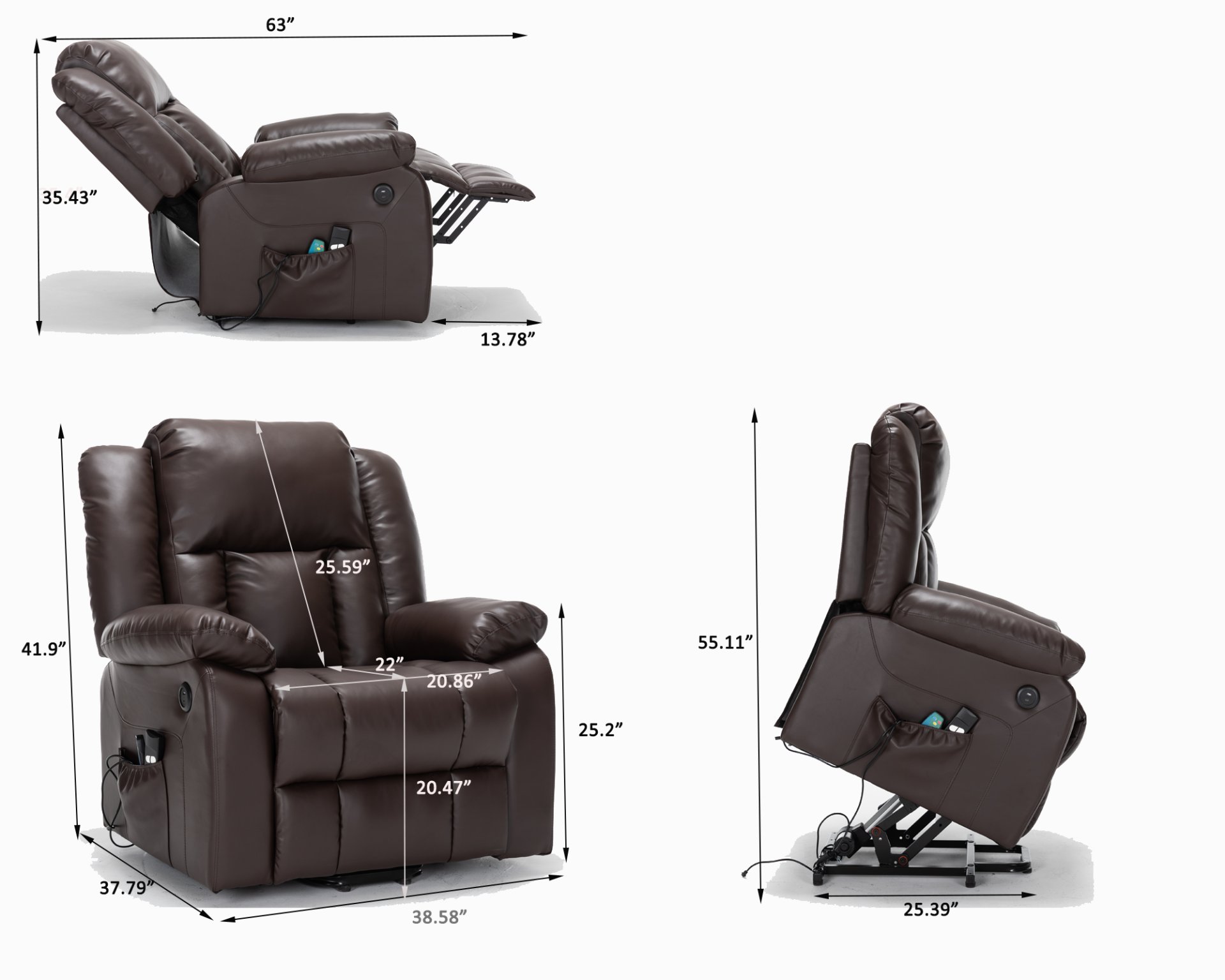 Electric Power Massage Recliner Chair - Dark Brown - Image 2