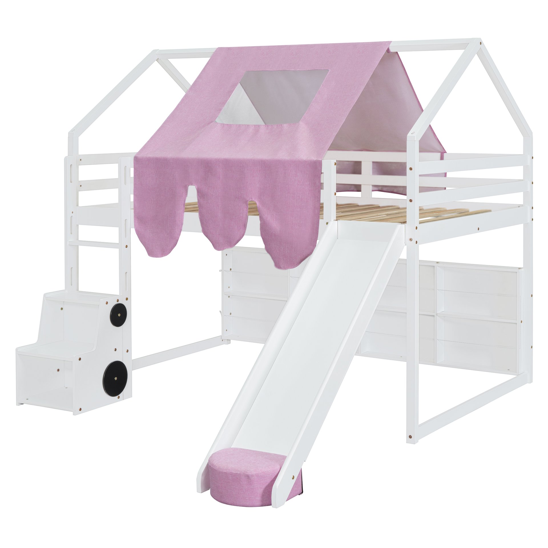 Full Size Loft Bed With House Shaped Frame And Tent - White / Pink - Image 7