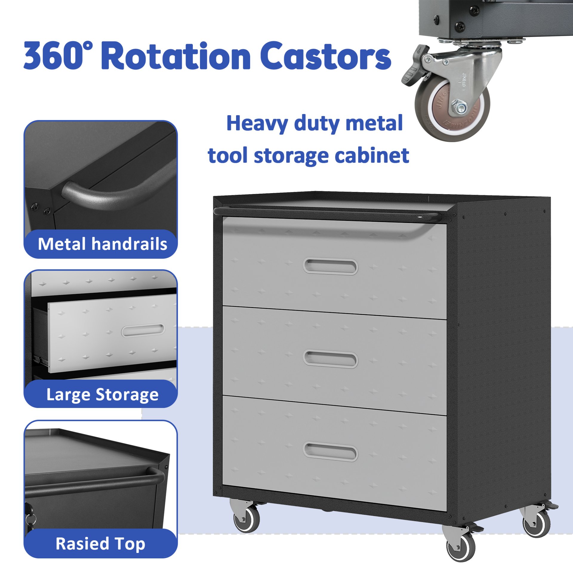 Heavy Duty Metal Storage Cabinet With Wheels 3 Drawer Tool Cabinet For Garage, Office, And Home Organizer Solutions - Black - Image 9