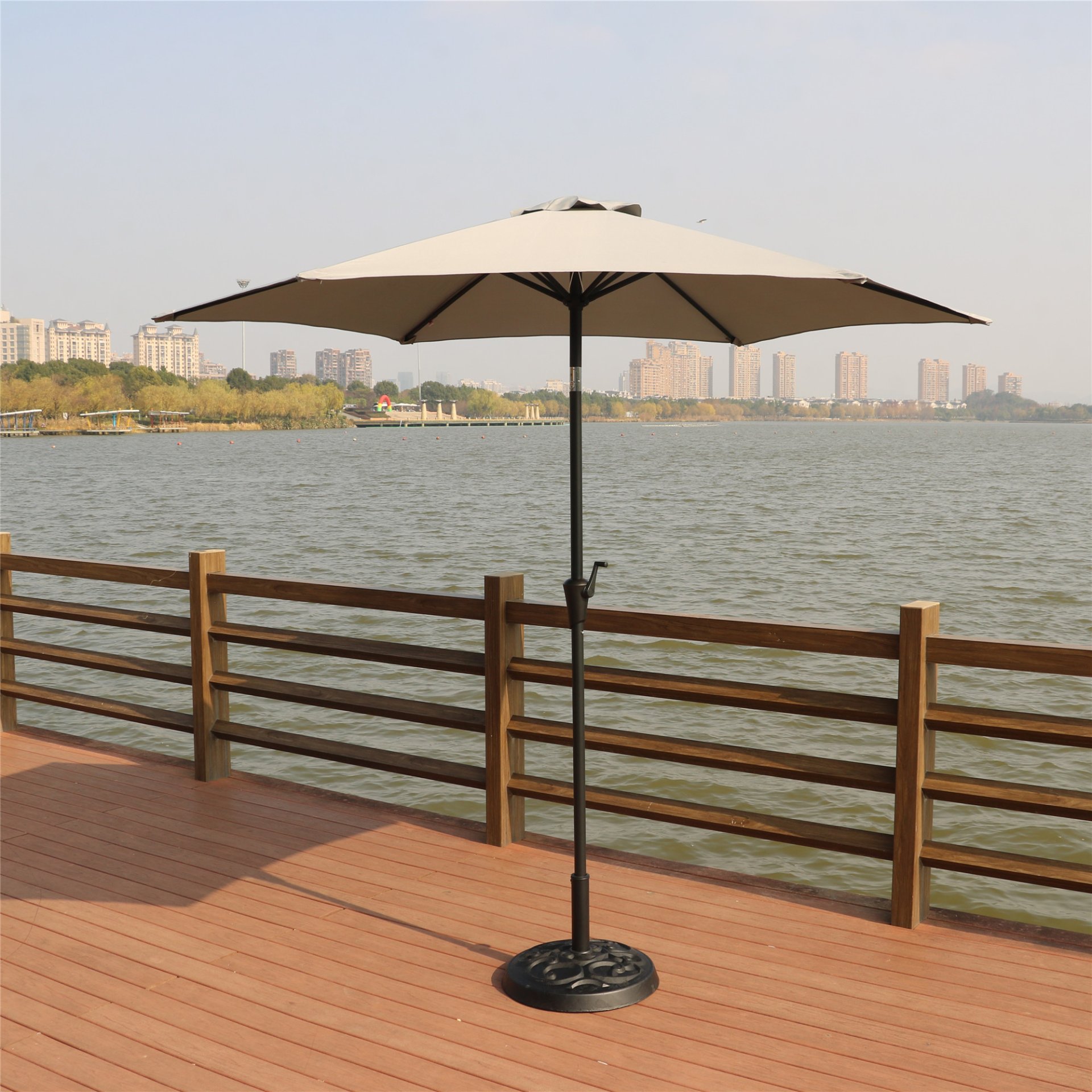 8.8' Outdoor Aluminum Patio Umbrella, Patio Umbrella, Market Umbrella With 33 Pounds Round Resin Umbrella Base, Push Button Tilt And Crank Lift - Gray - Image 2