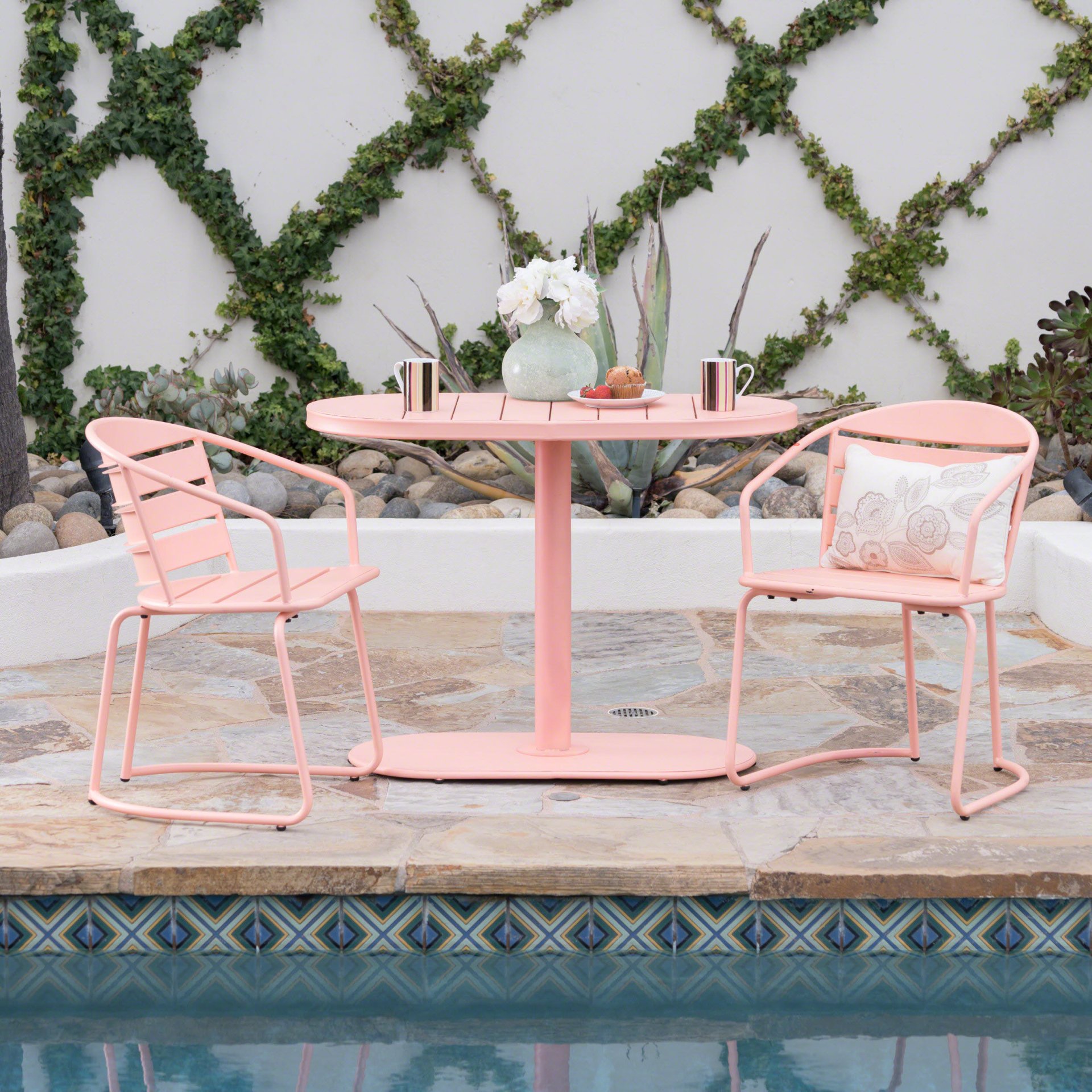 Outdoor Metal Seating Set With Coffee Table And 2 Chairs - Pink - Coral - Image 7
