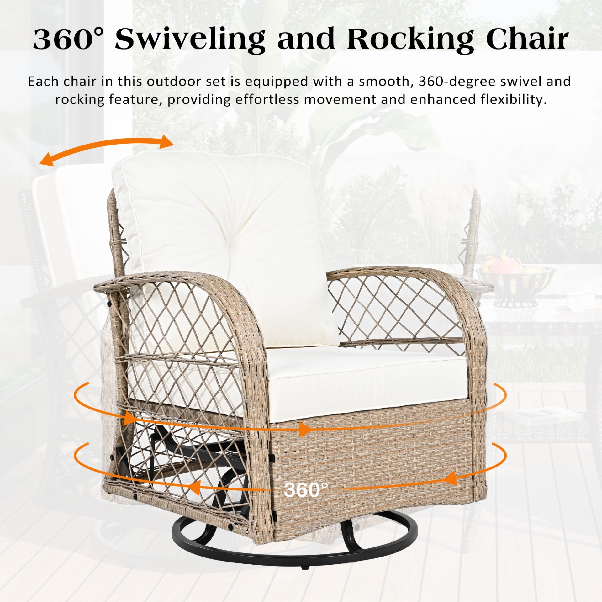 3 Piece Outdoor Chair & Table Set Chat Set 2 Person Rattan Seating Group With 2 Swiveling And Rocking Chairs And A Square Table For Garden, Patio, Or Balcony - Natural - Image 4