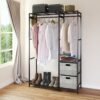Acacia Wood Garment Rack With Shelves, 2 Wicker Drawers, 4 Hooks, Heavy Duty Closet Organizer - Light Gray - Image 2