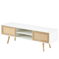 55.12" Rattan TV Cabinet, Double Sliding Doors For Storage, Adjustable Shelf, Solid Wood Legs, TV Console For Living Room - White