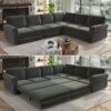 L-Shaped Sofa Couch With Pull Out Bed With Nailhead Trim & Rolled Arm, Sectional Couches, For Living Room - Dark Gray - Image 2