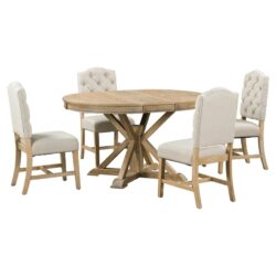 Functional Furniture Retro Style Dining Table Set With Extendable Table And 4 Upholstered Chairs For Dining Room And Living Room - Natural Wash