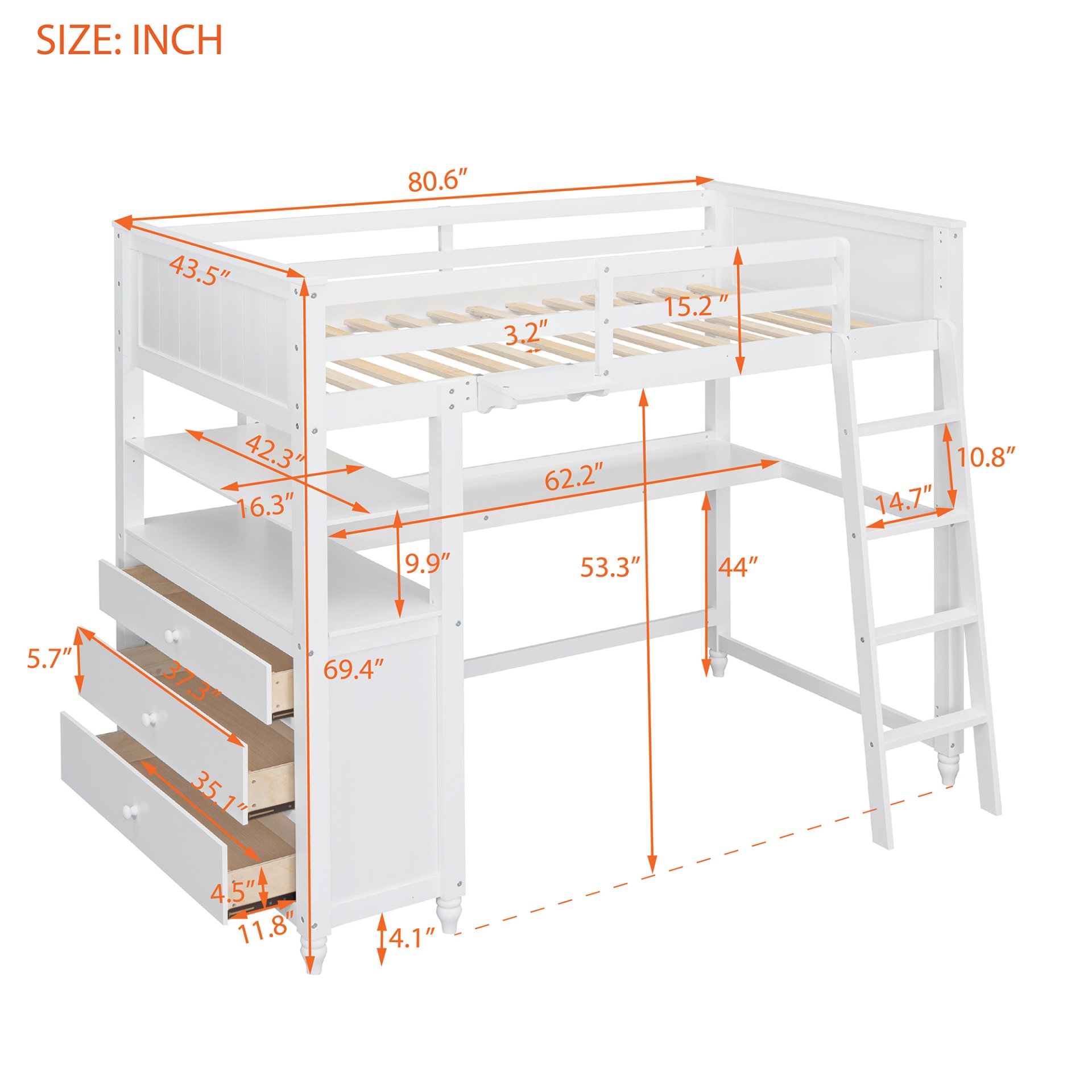 Twin Size Loft Bed With Drawers And Desk, With Shelves - White - Image 8