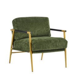 Modern Accent Chair With Plush Cushions, Minimalist Metal Frame, & Wooden Armrest Design - Gold / Green
