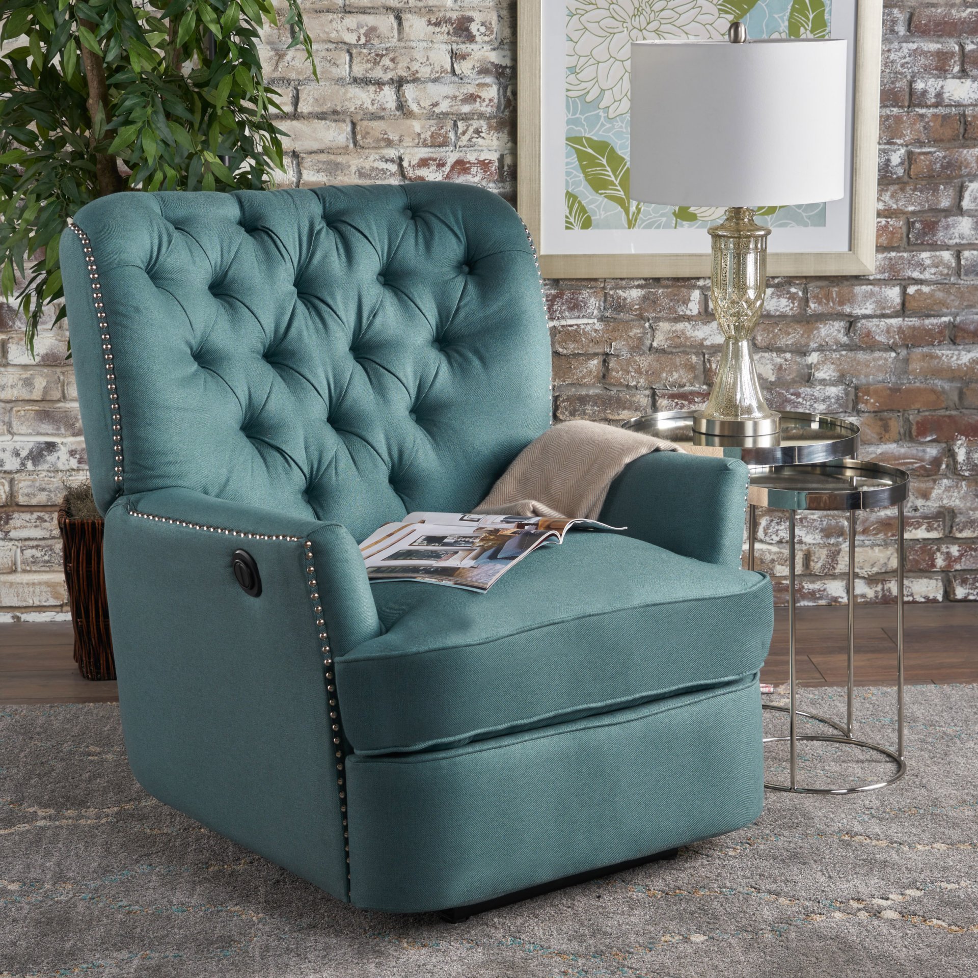 Electric Recliner Chair With Elegant Copper Accents And Soft Upholstery - Teal - Image 2