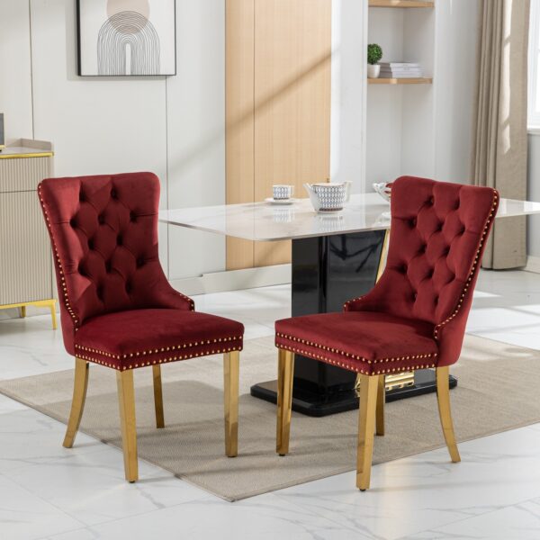 Nikki - Modern, High-End Tufted Solid Wood Contemporary Velvet Upholstered Dining Chair With Golden Stainless Steel Plating Legs, Nailhead Trim (Set of 2) - Burgundy