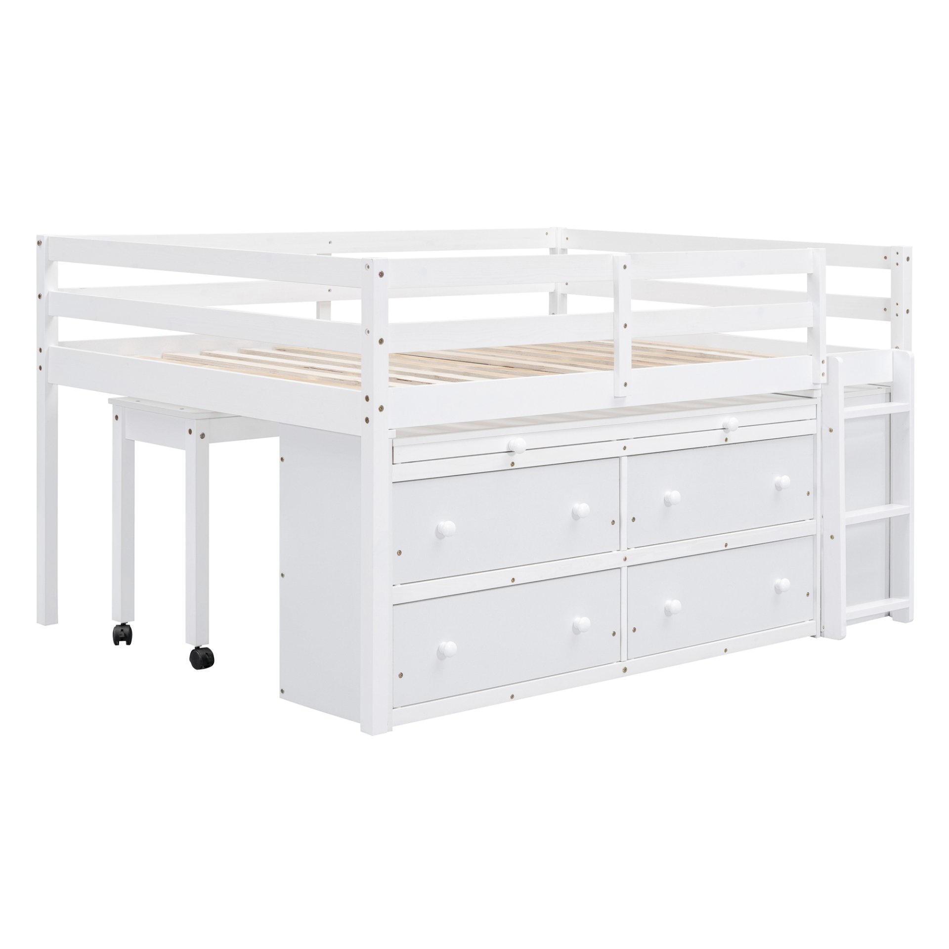Full Size Loft Bed With Retractable Writing Desk And 4 Drawers, With Lateral Portable Desk And Shelves - White - Image 15