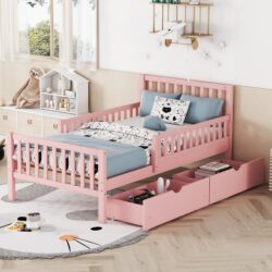 Twin Size Platform Bed With Guardrails On Both Sides And 2 Storage Drawers - Pink