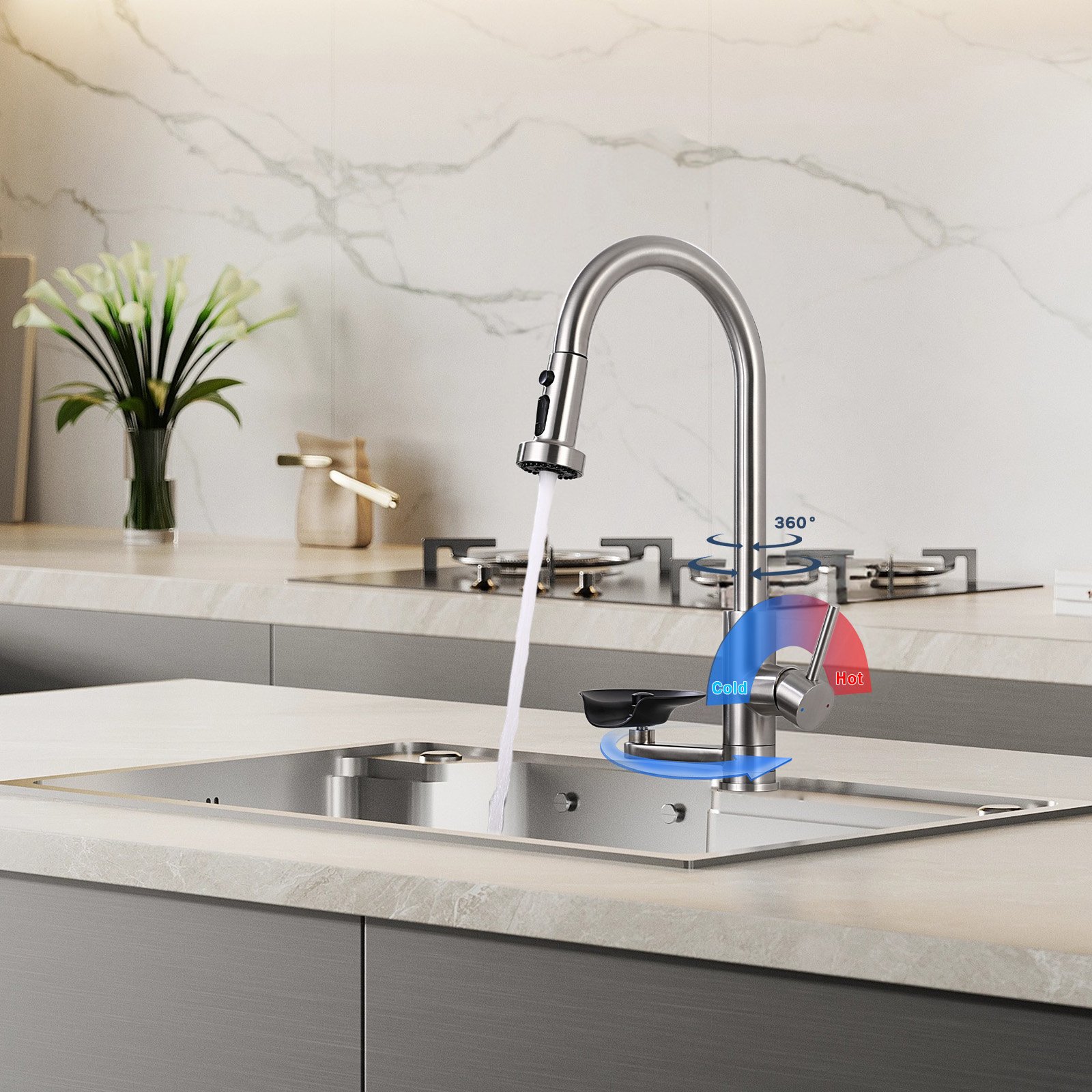 3 In 1 Kitchen Faucet With Press Type Glass Rinser, High Arc Pull Down Sprayer, 3 Function Spray Mode - Brushed Nickel - Image 8